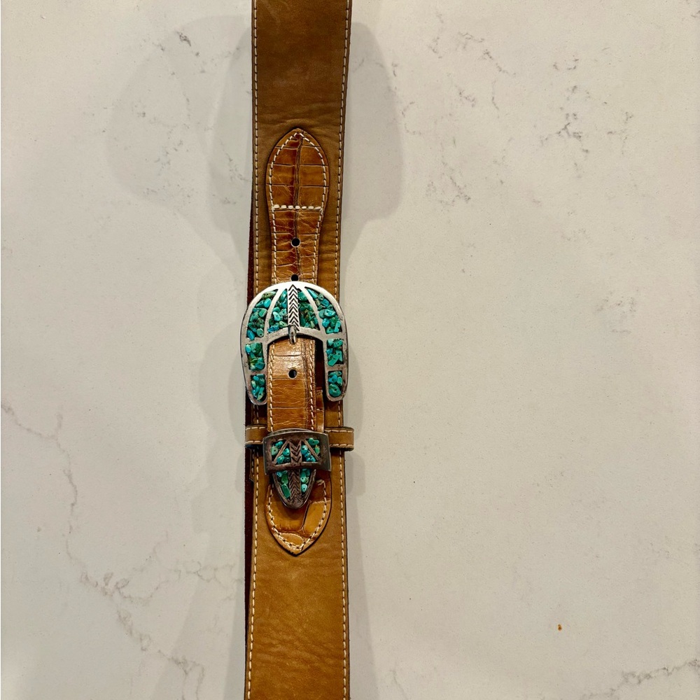 Brown Leather/Suede Belt with Turquoise Buckle - Picture 3 of 4